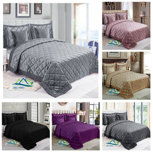 5 Pieces Luxury Crushed velvet Bedspread Quilted Comforter Bedding Set & Cushion