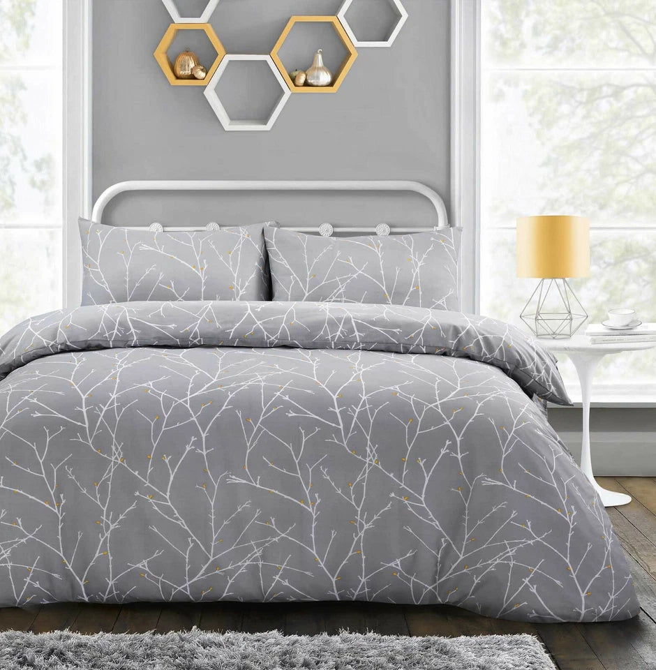 Autumn Branches Grey Duvet Cover Bedding Set + Pillowcase | Single and Double Size