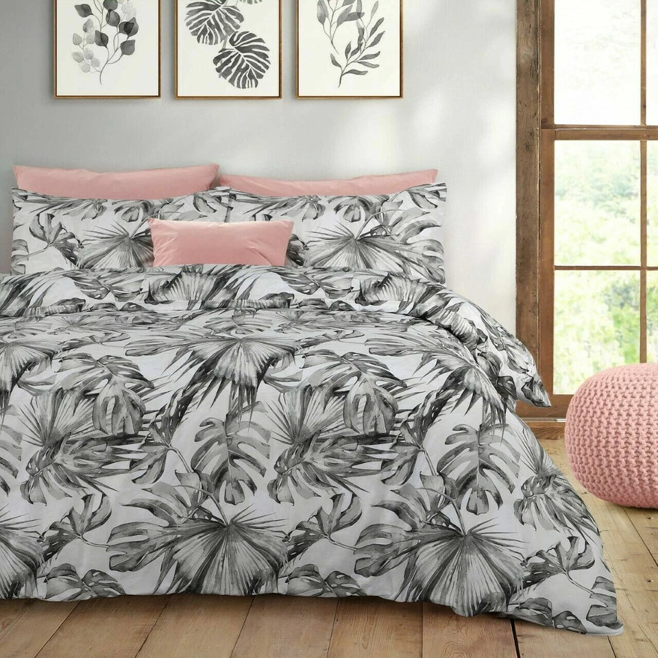 Tropical Leaf Grey Duvet Cover Bedding Set + Pillowcase | King Size
