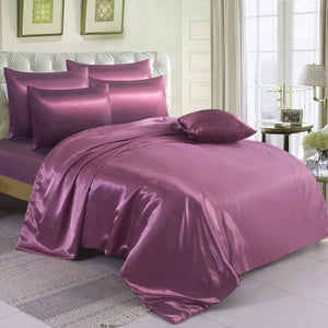 6PCS SATIN COMPLETE BEDDING SET DUVET COVER FITTED SHEET 4 PILLOW CASES